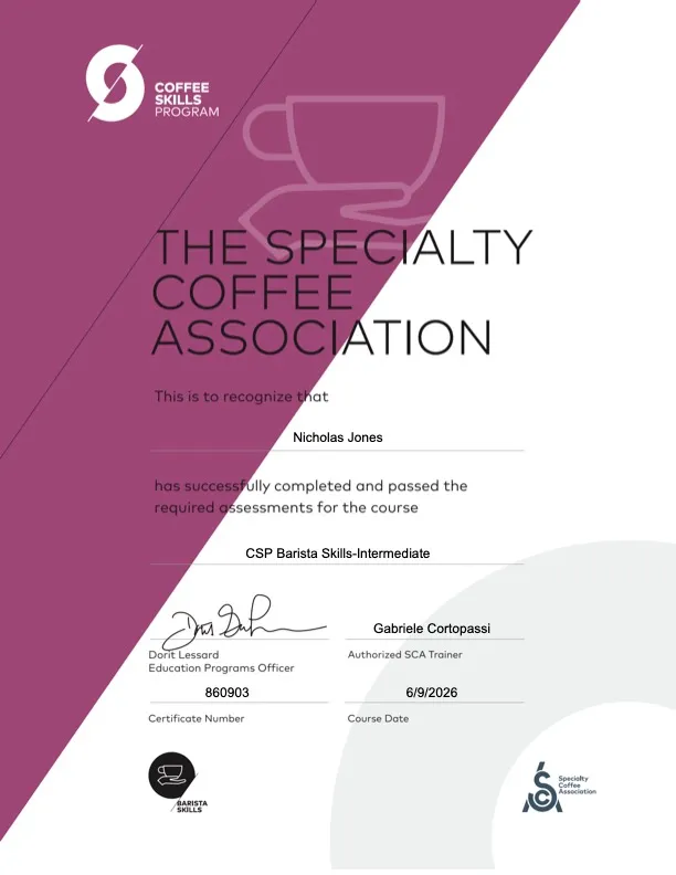 Nicholas Jones's Specialty Coffee Association certificate for CSP Barista Skills, Intermediate