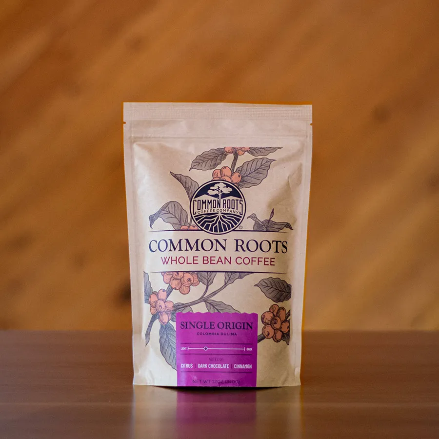 A bag of Common Roots single-origin Colombia whole bean coffee