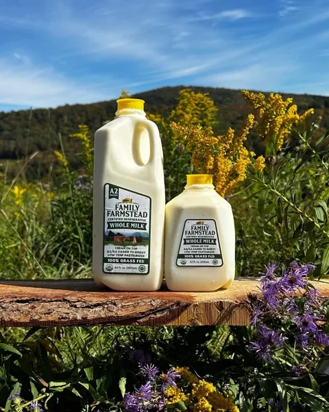 Two jugs of Family Farmstead whole A2 grass-fed milk on a wooden plank, wildflowers and hills behind