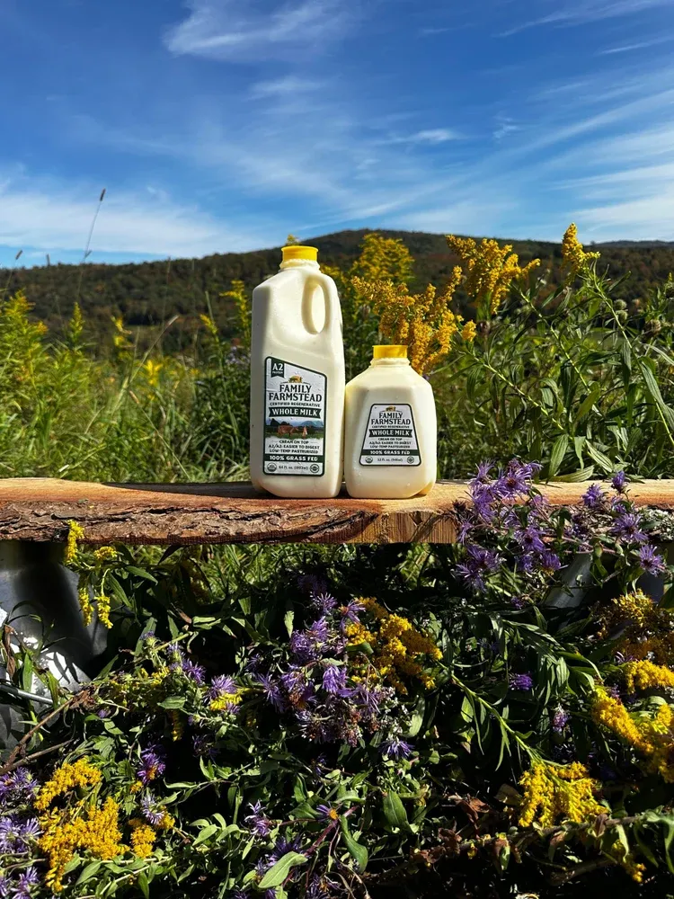 Two jugs of Family Farmstead whole A2 grass-fed milk on a wooden plank among wildflowers, hills behind