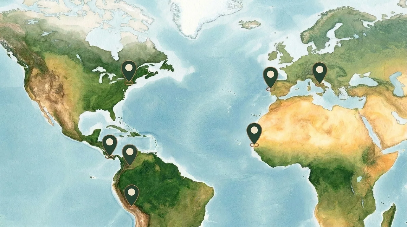 Painted map of the Americas, Europe and West Africa with pins on Saratoga Springs, Costa Rica, Colombia, Peru, Portugal, Italy and Senegal