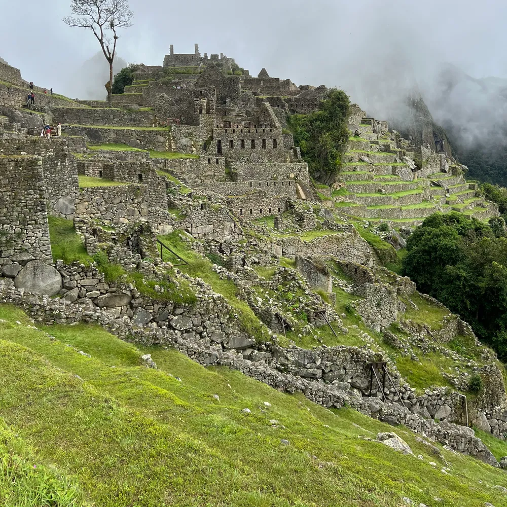 The stone terraces and ruins of Machu Picchu on a green mountainside, mist rolling in